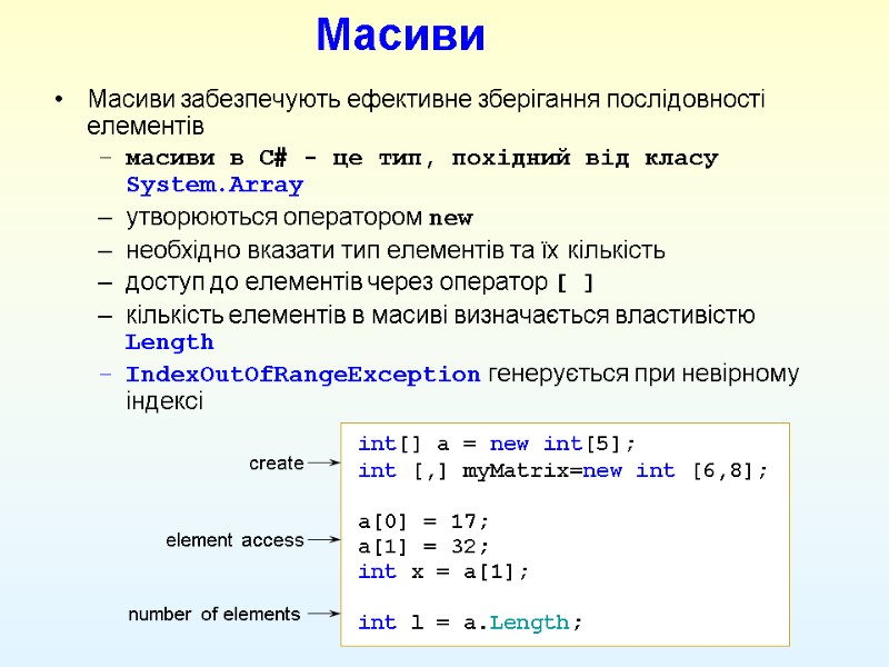 Масиви Масиви забезпечують ефективне зберігання послідовності елементів масиви в С# - це тип, похідний